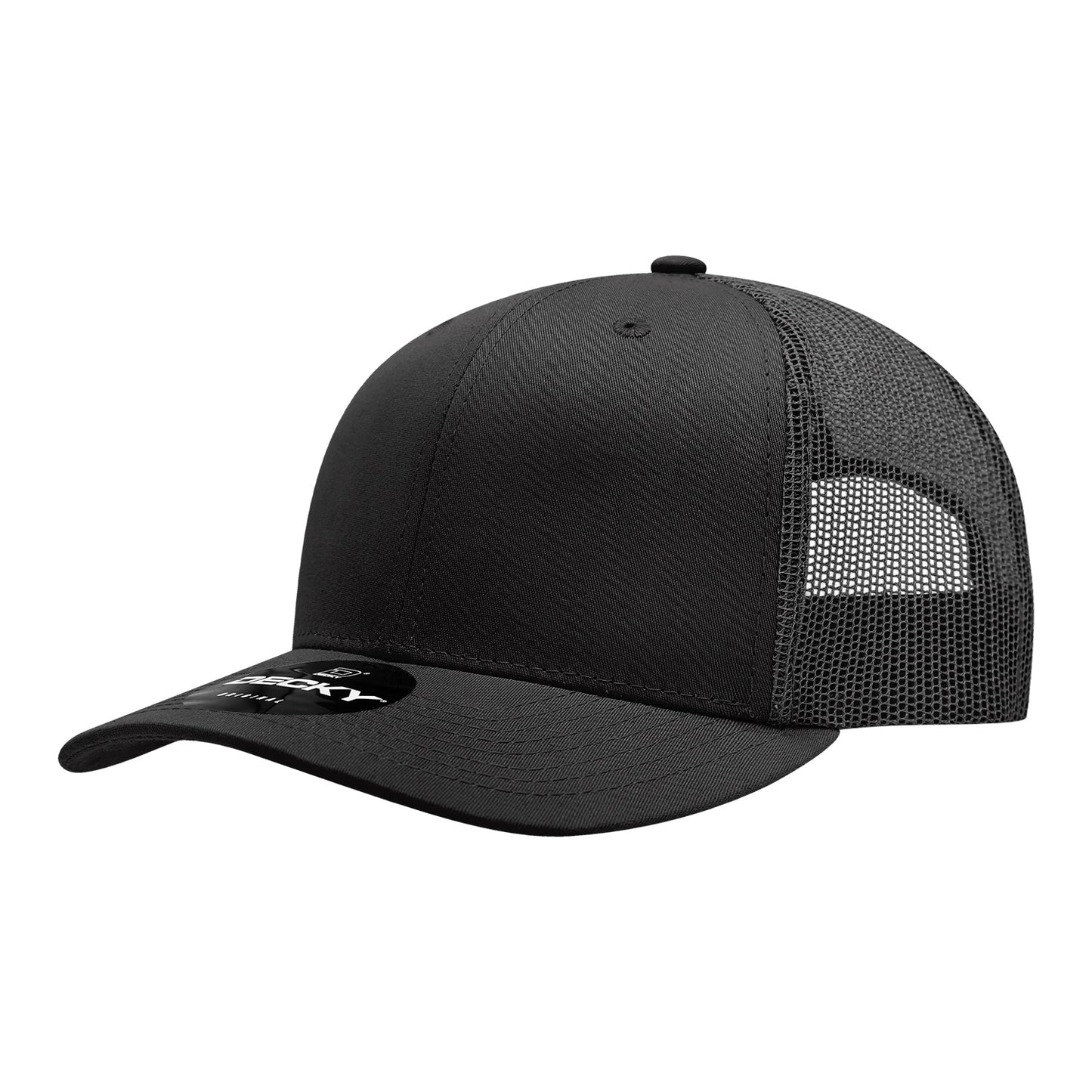 6 Panel Mid Profile Structured Cotton Blend Trucker, BLK - Front