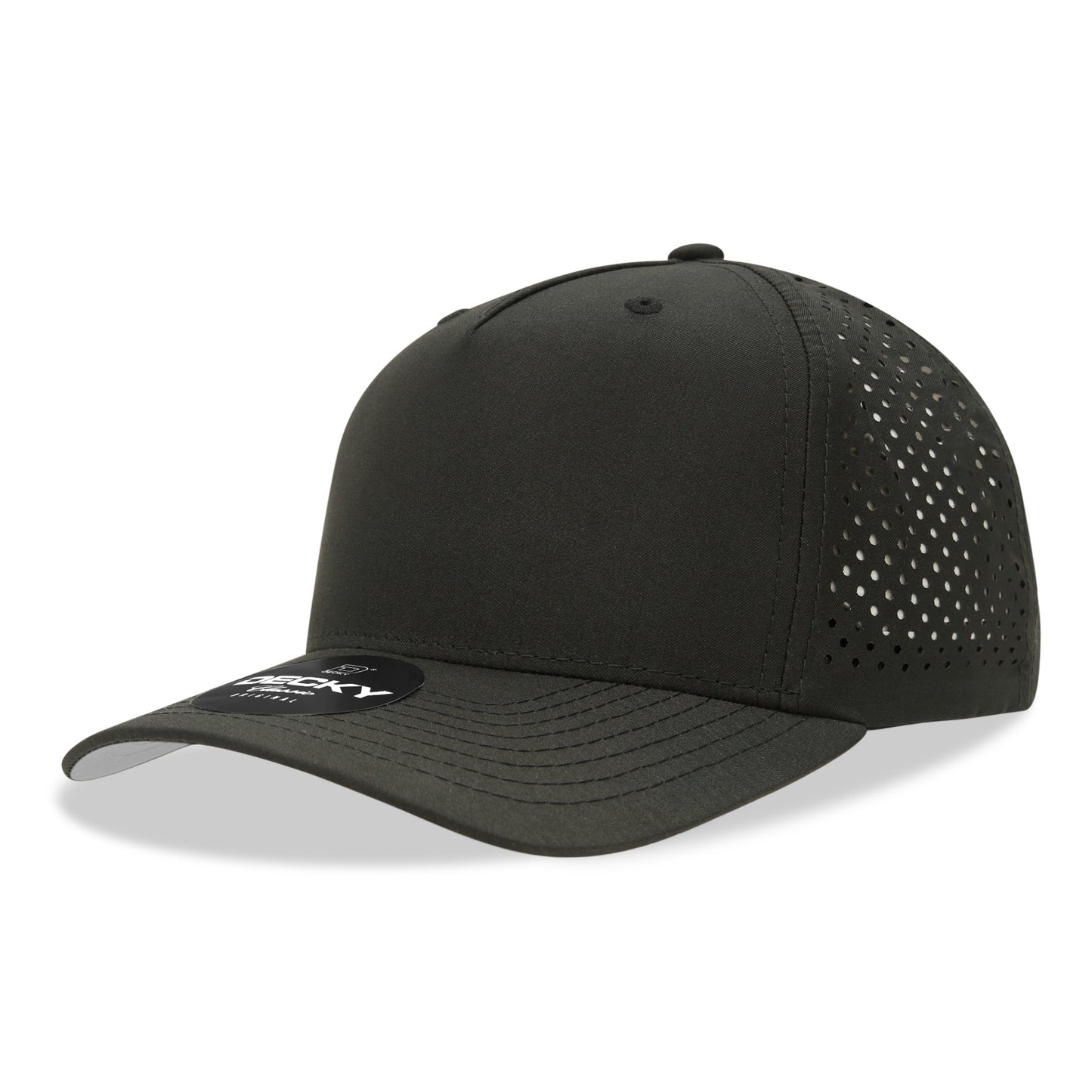 5 Panel Mid Profile Structured Perforated Performance Cap, Black,   Black - Front