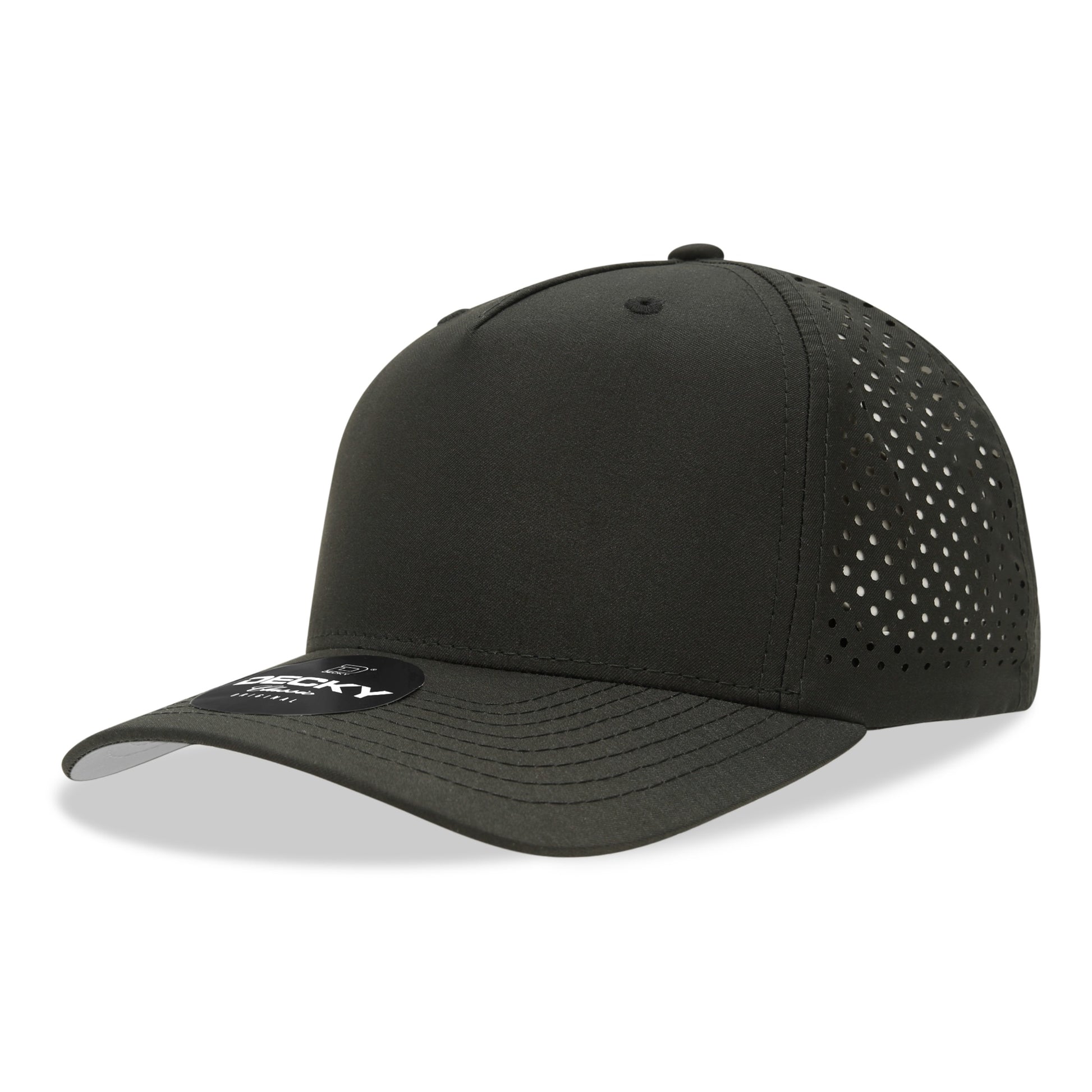 5 Panel Mid Profile Structured Perforated Performance Cap, Black,   Black - Front